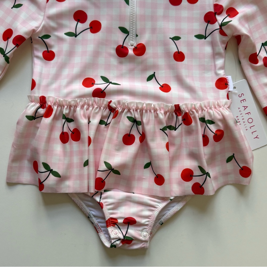 Seafolly Girls Long-Sleeve Flounce Cherry Gingham Paddlesuit & Sunglass Set- 24m — image 3 of 8
